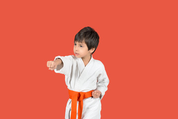 the boy stands in white kimono of the karate with a orange belt
