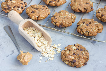 Flourless gluten free peanut butter, oatmeal and chocolate chips cookies on cooling rack, horizontal