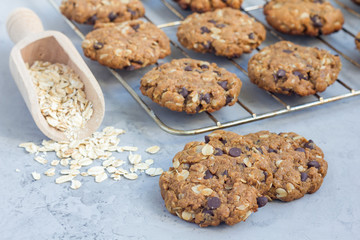 Flourless gluten free peanut butter, oatmeal and chocolate chips cookies on cooling rack, horizontal