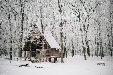Lonely wooden hut in winter forest. True snowy winter
