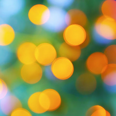 Abstract blur city rush  green yellow purple bokeh light background. Square defocused image, copy space.