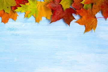 Moody autumn background with green, red and yellow falling leaves.