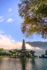 View of mountain, lake and a temple in Bali Indonesia