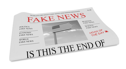 Fake News US Concept: Newspaper Front Page, 3d illustration on white background
