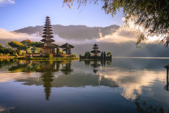 View of mountain, lake and a temple in Bali Indonesia