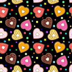 Seamless black pattern full of heart-shaped and handdrawn donuts with different colors, flavors, toppings and sprinkles - Eps10 vector graphics and illustration