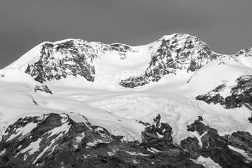 Landscape of Monte Rosa Group summits. Liskamm (Silberbast). Black and white image. Aosta valley, Italy