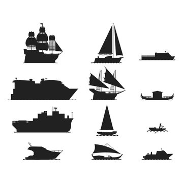 Ship and boats silhouette vector.
