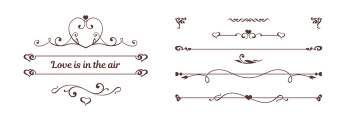 Vintage dividers, border with roses, flowers, love symbols. Text Love is in the air. Vector card. Invitation to the celebration - 133355477