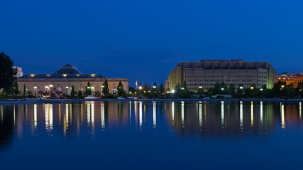 United States Botanic Garden in Washington, DC. Night view of the US Botanic Garden across the Capitol Reflecting Pool with beautiful reflections.