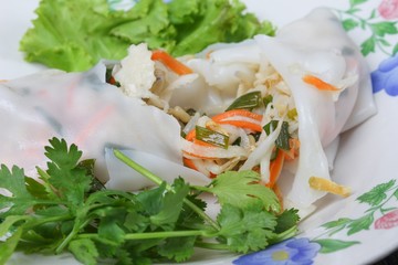 Closeup Fresh Spring Roll  with vegetable and coriander in plate