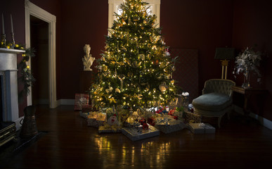 Fototapeta na wymiar Christmas tree with presents and lights reflected on the wooden floor