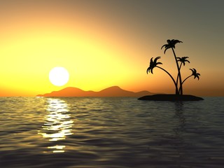 Sunset in the ocean and the desert island with palms