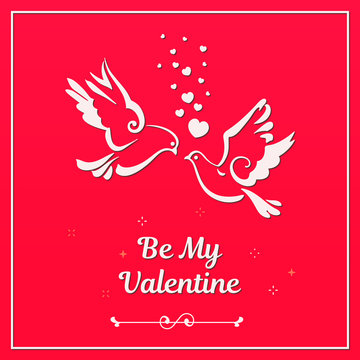 Love symbols, couple of pigeons. Valentines card. Text Be My Valentine. Vector illustration