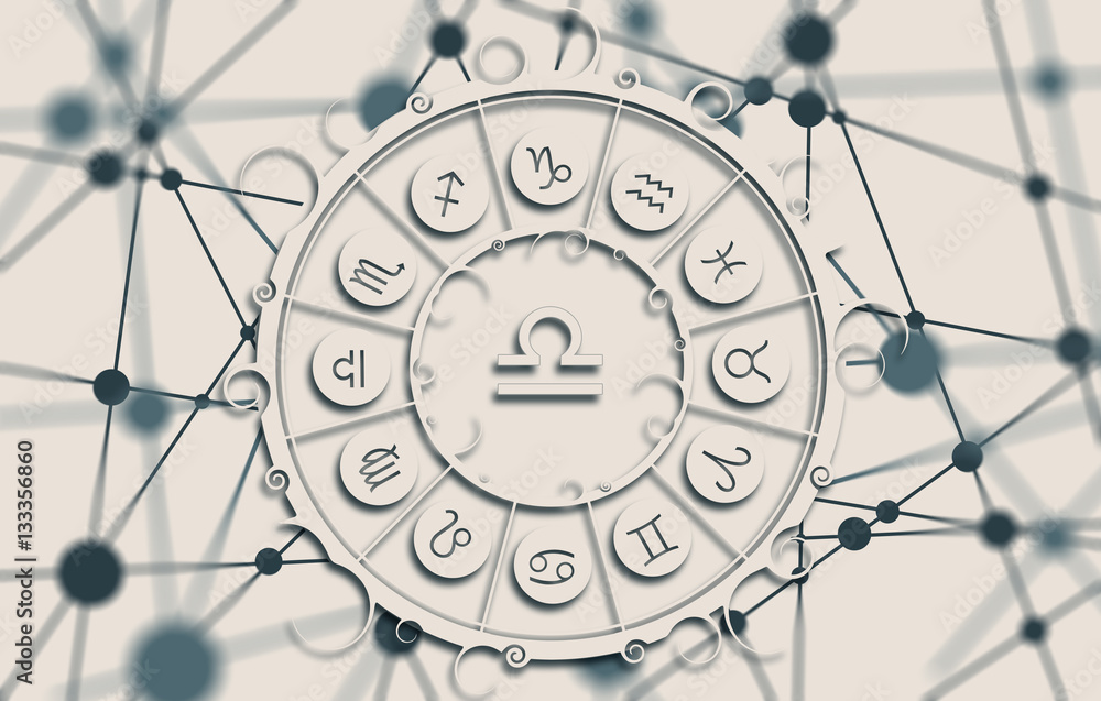 Wall mural Astrological symbols in the circle. Molecule And Communication Background. Connected lines with dots. White circle with shadows. Shallow depth of field. Scales sign