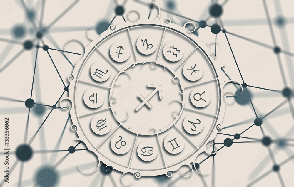 Wall mural Astrological symbols in the circle. Molecule And Communication Background. Connected lines with dots. White circle with shadows. Shallow depth of field. Archer sign