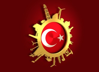 Circle with industry relative silhouettes. Objects located around the circle. Industrial design background. Turkey flag in the center. Golden material. 3D rendering