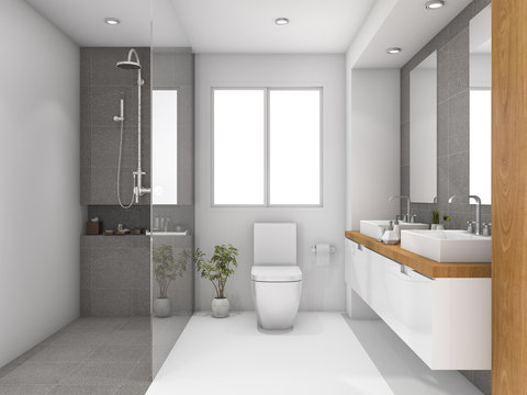 3d rendering minimal wood and stone white bathroom