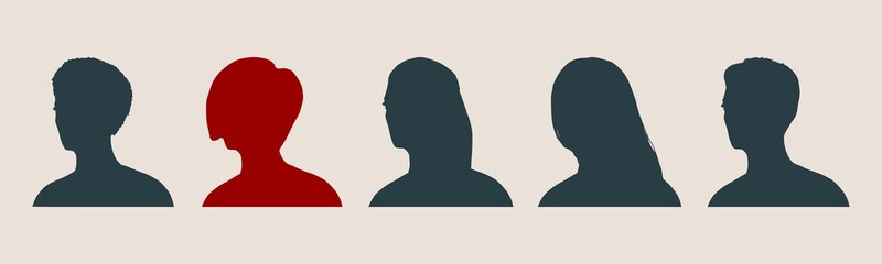 Set of silhouettes of a female head. Flat style. Vector illustration. Side view