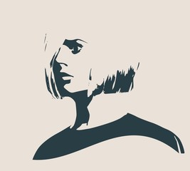 Face profile view. Elegant silhouette of a female head. Vector Illustration. Short hair. Monochrome gamma