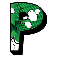 Letter P filled with comic book explosion, background.