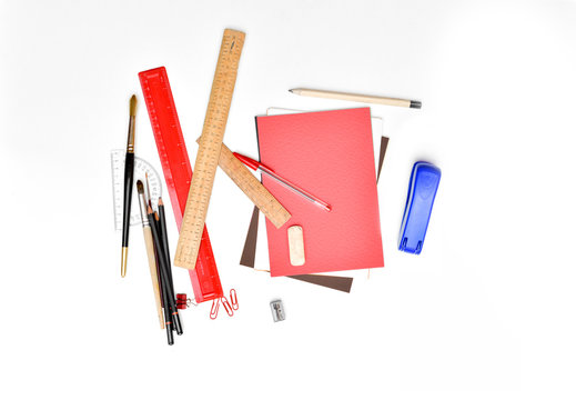 Stationery on desk. Creative flat lay photo of workspace desk
