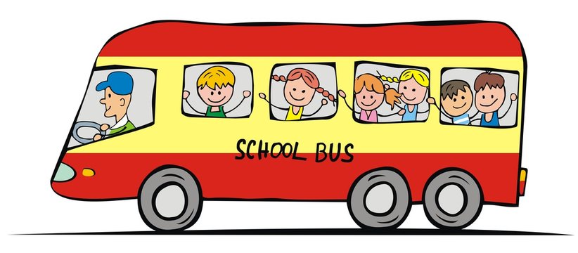 School bus and children. Funny illustration. Vector icon.