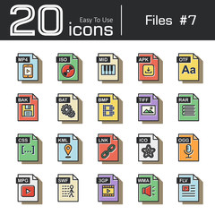 Files icon set 7 ( mp4 , iso , mid , apk , otf , bak , bat , bmp , tif , rar , css , kml , ink , ico , ogg , mpg , swf , 3gp , wma , flv ) vintage and retro style .