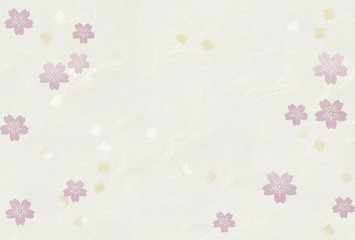 和紙テクスチャ　ピンク色の桜の花　金箔散らし　ハガキ比率　グラフィック素材