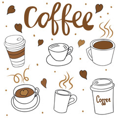 A set of cups for coffee. Doodle. Hand drawing. Morning invigorating drink.