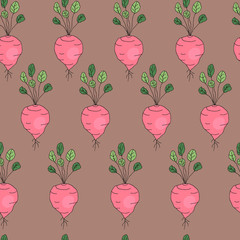 Fototapeta premium Hand drawn vector seamless pattern with radish isolated on brown background. Farm vegetables illustration, healthy food, organic.