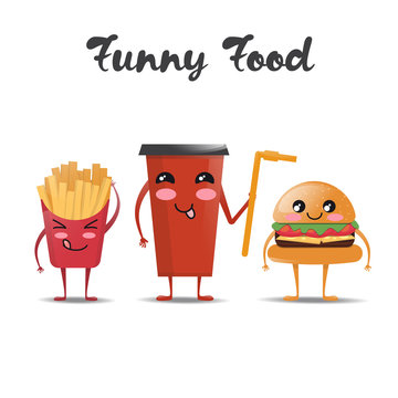 Funny cartoon food. Cheeseburger. Cola. French fries. Fast food