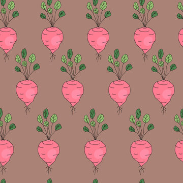 Hand drawn vector seamless pattern with radish isolated on brown background. Farm vegetables illustration, healthy food, organic.