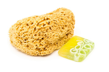 Natural yellow cleaning sponge with handmade soap bar