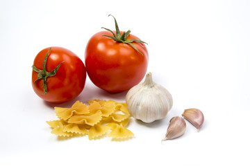 Italian food cooking ingredients. Pasta, tomatoes, peppers. Top view with copy space