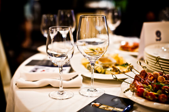 Empty Wine Glasses On A Served Table In A Fancy Restaurant