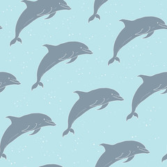 Seamless pattern with hand drawn grey dolphins on blue background. Vector illustration of marine mammals, isolated. Sea animals.
