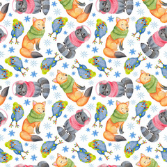 Watercolor seamless pattern with cute smiling winter fox, raccoon and owlet