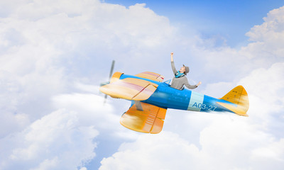 Woman in drawn airplane . Mixed media