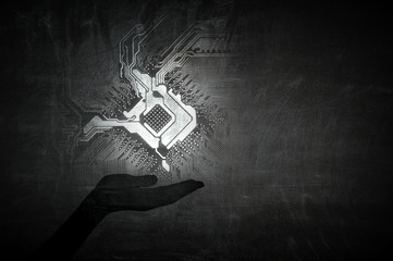 Circuit icon in palm . Mixed media