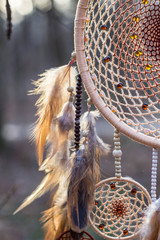 Dreamcatcher made of feathers, leather, beads, and ropes