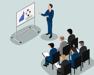 Isometric man present in brainstorming group