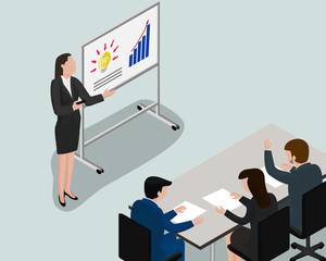 Isometric woman present in brainstorming group