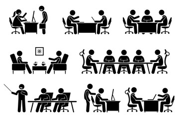 Businessman business meeting, conference, and discussion. The meet up are business proposal, brainstorming, annual general meeting, and presentation. They are marketeer, director, and entrepreneur.  