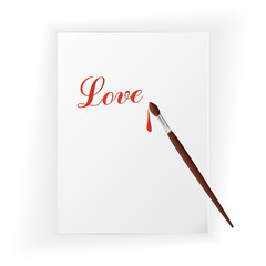 надпись любовь на белом листе бумаги, векторная иллюстрация
