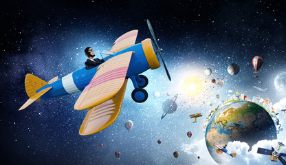 Woman in drawn airplane . Mixed media