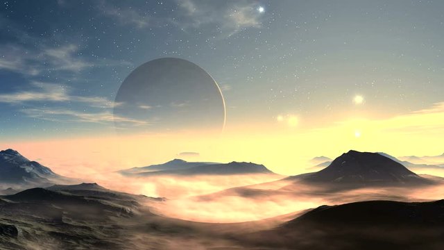 Moonrise And Sunrise On An Alien Planet. From glowing hazy horizon rises a large planet and the bright sun. On the blue sky stars and rare clouds. Over the mountains and hills floats a white fog.