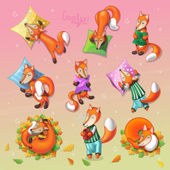 Awesome set with cute cartoon sleeping foxes
