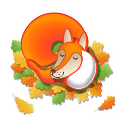 Cute cartoon fox sleeps on oak leaves. Good night!