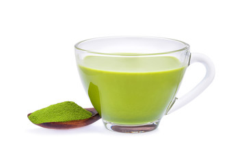 Hot green tea matcha latte with powdered green tea